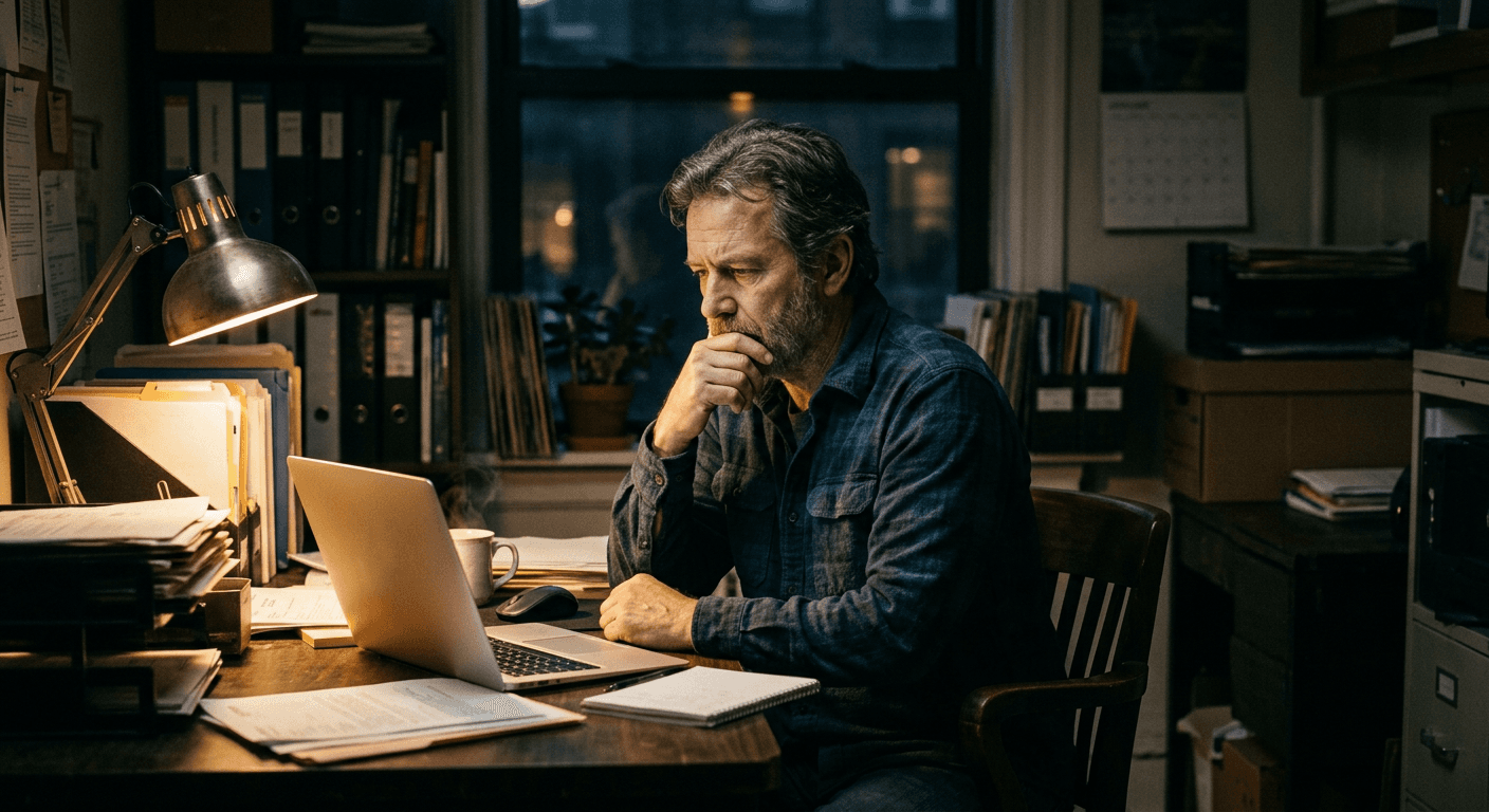 A small-business owner looking at a laptop in the evening.