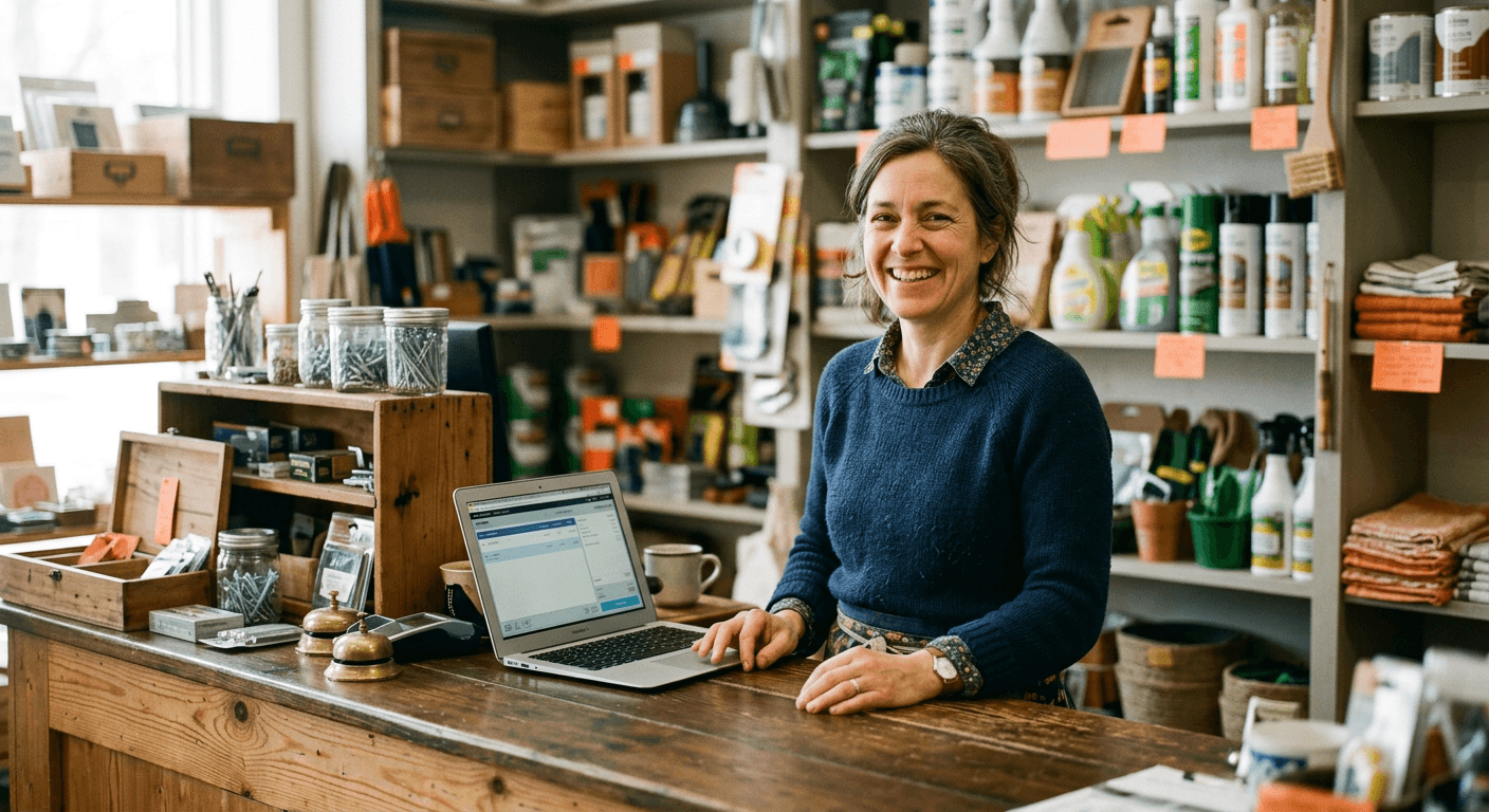 A shop owner smiling behind the counter, with a laptop open.