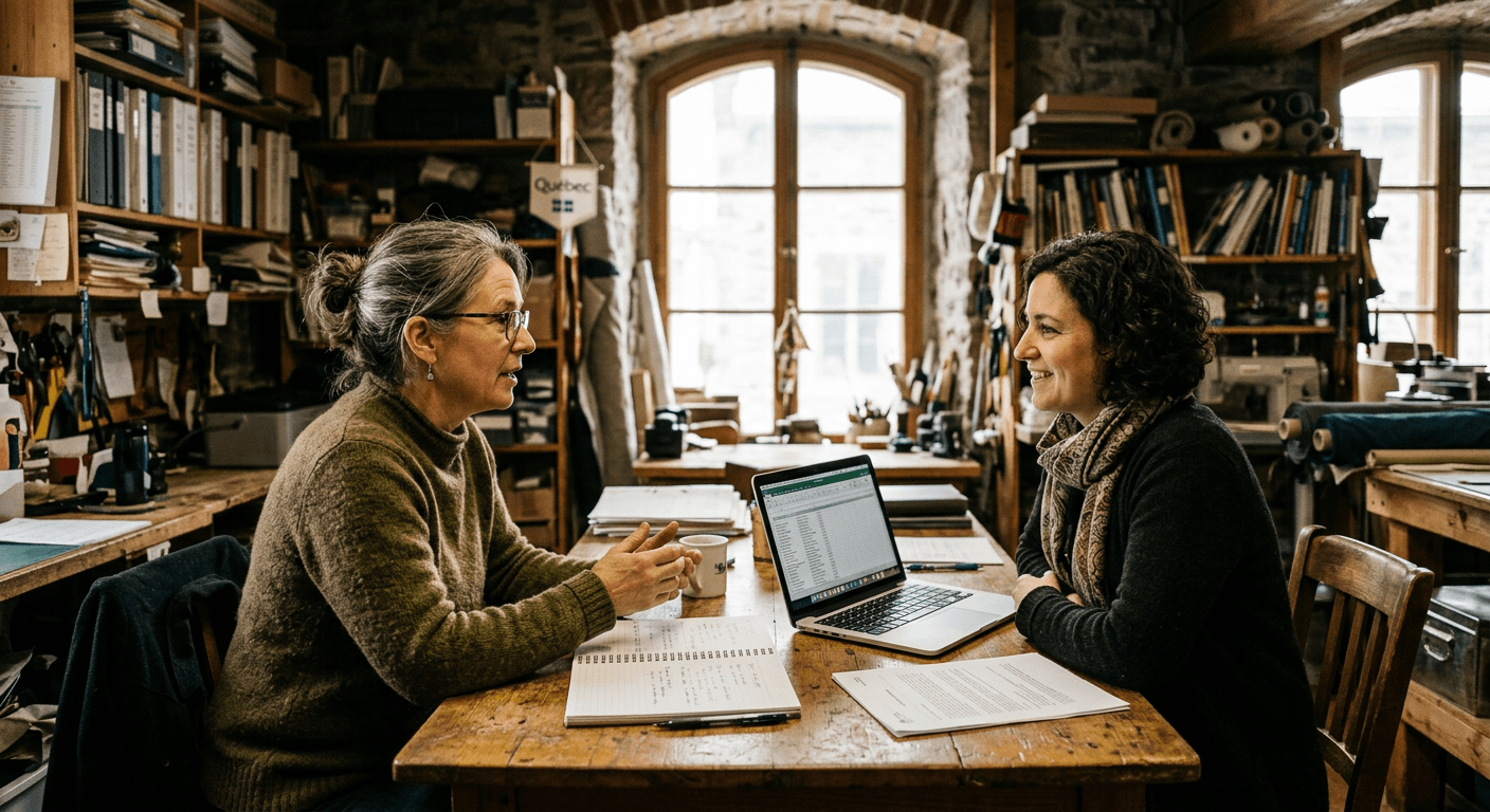 A business owner and an advisor talking at a work table.