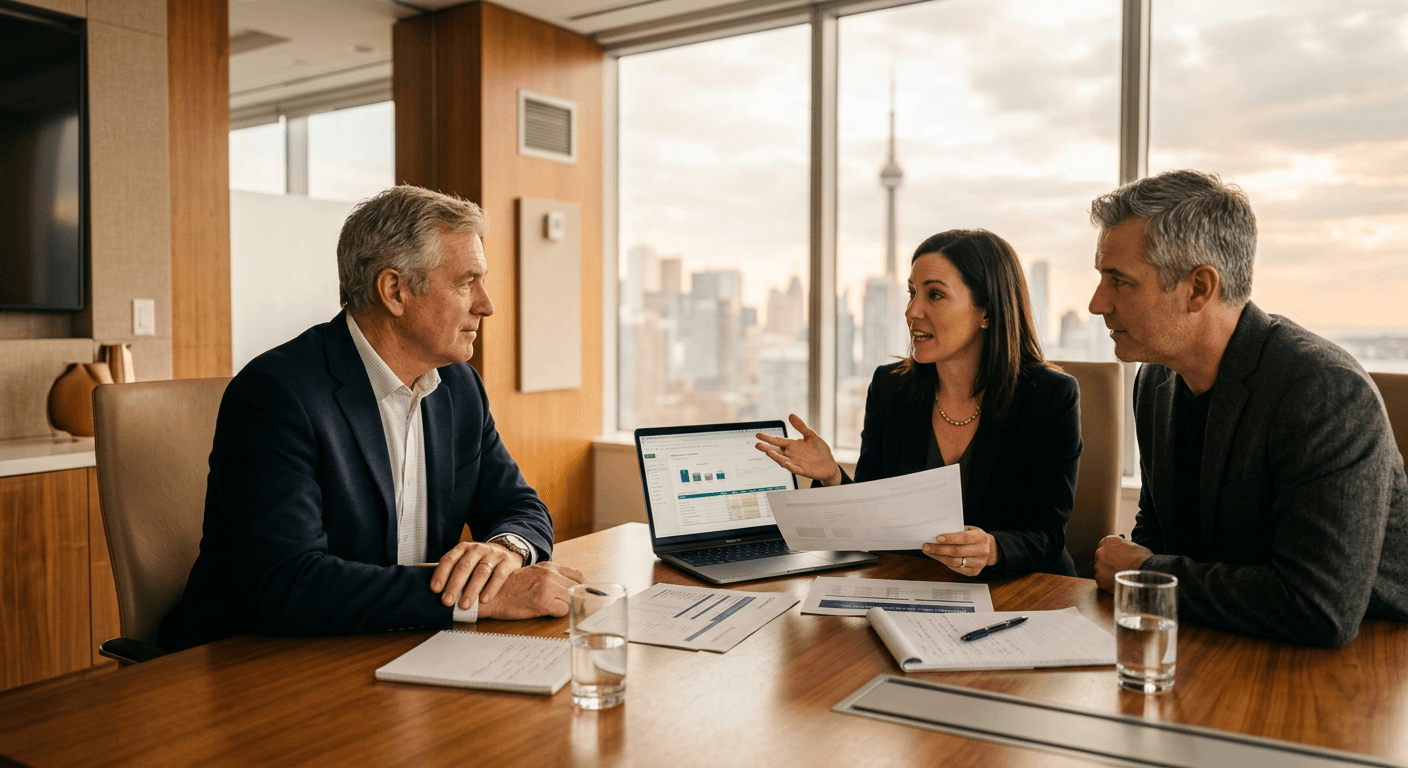 A consultant listening to two business executives around a meeting table
