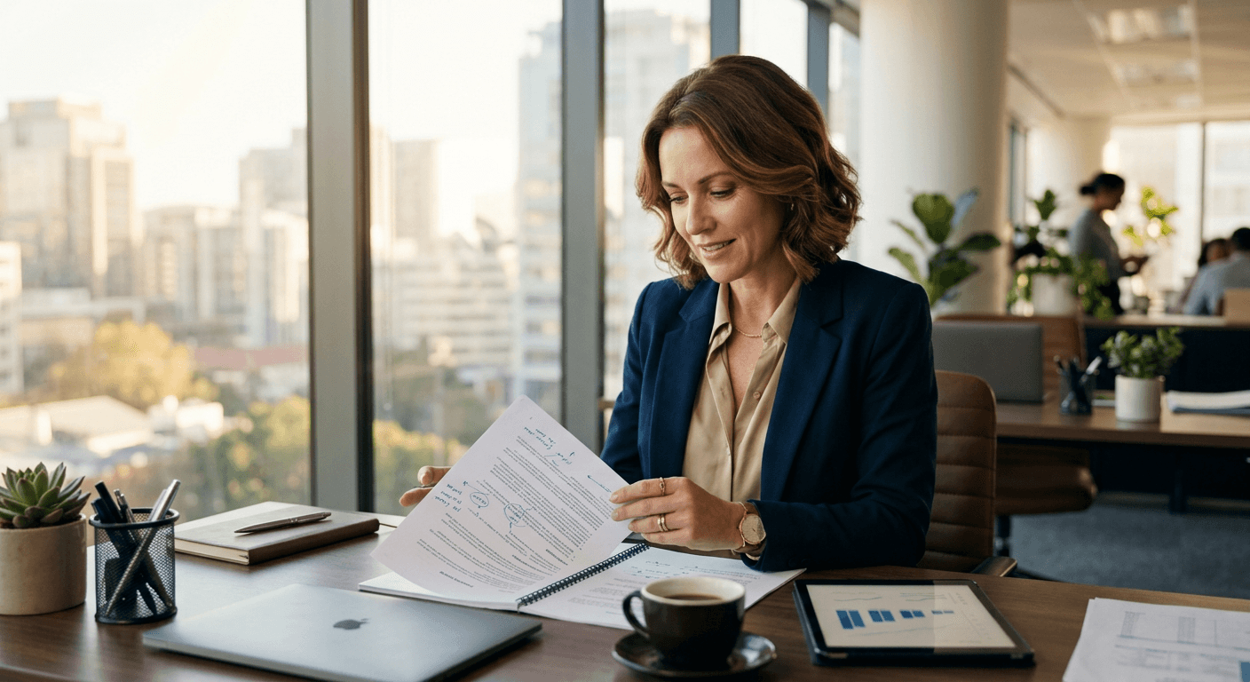 Une dirigeante annote un rapport de stratégie dans un bureau lumineux