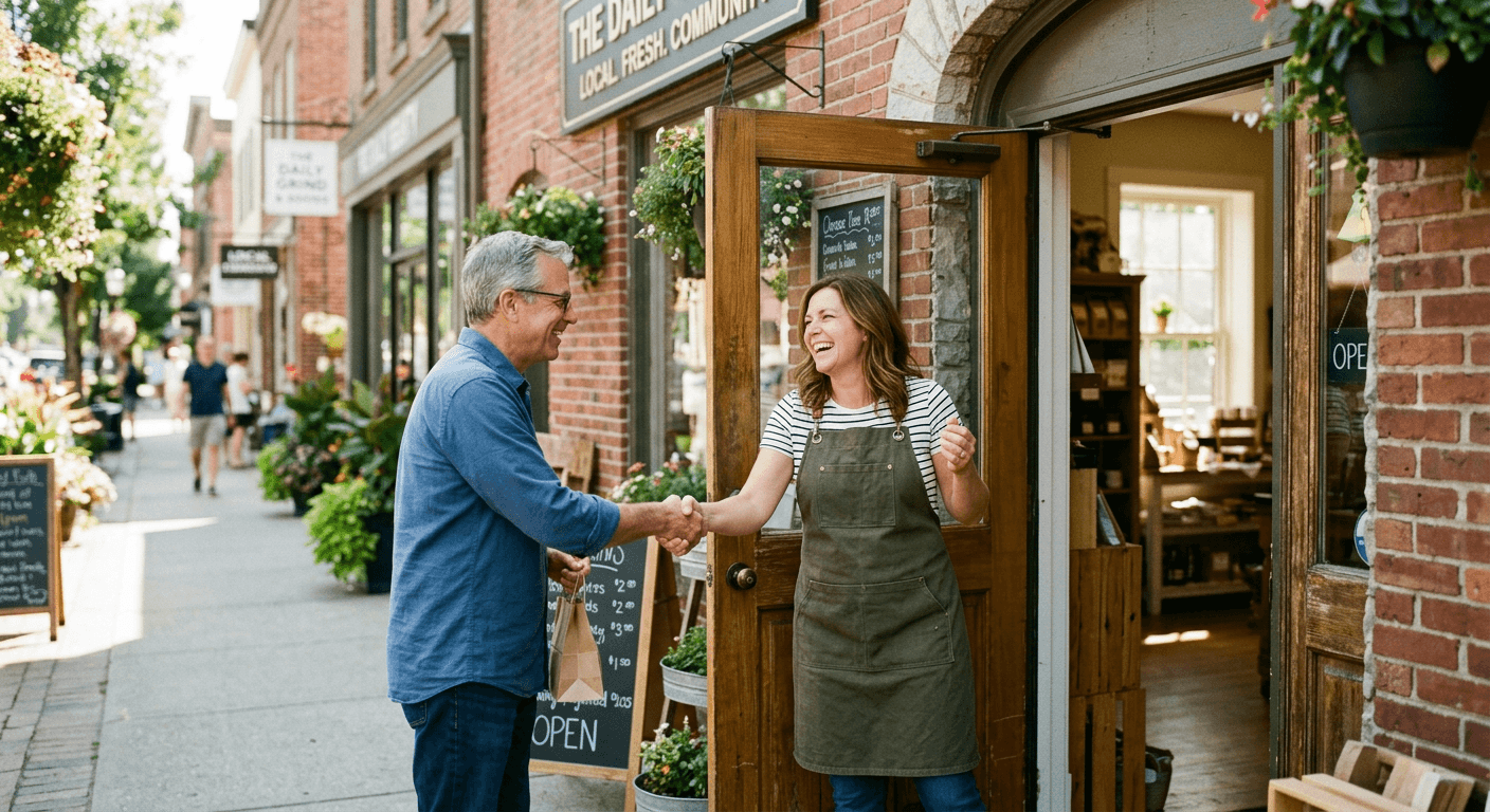 A shop owner shaking a customer’s hand at the door.