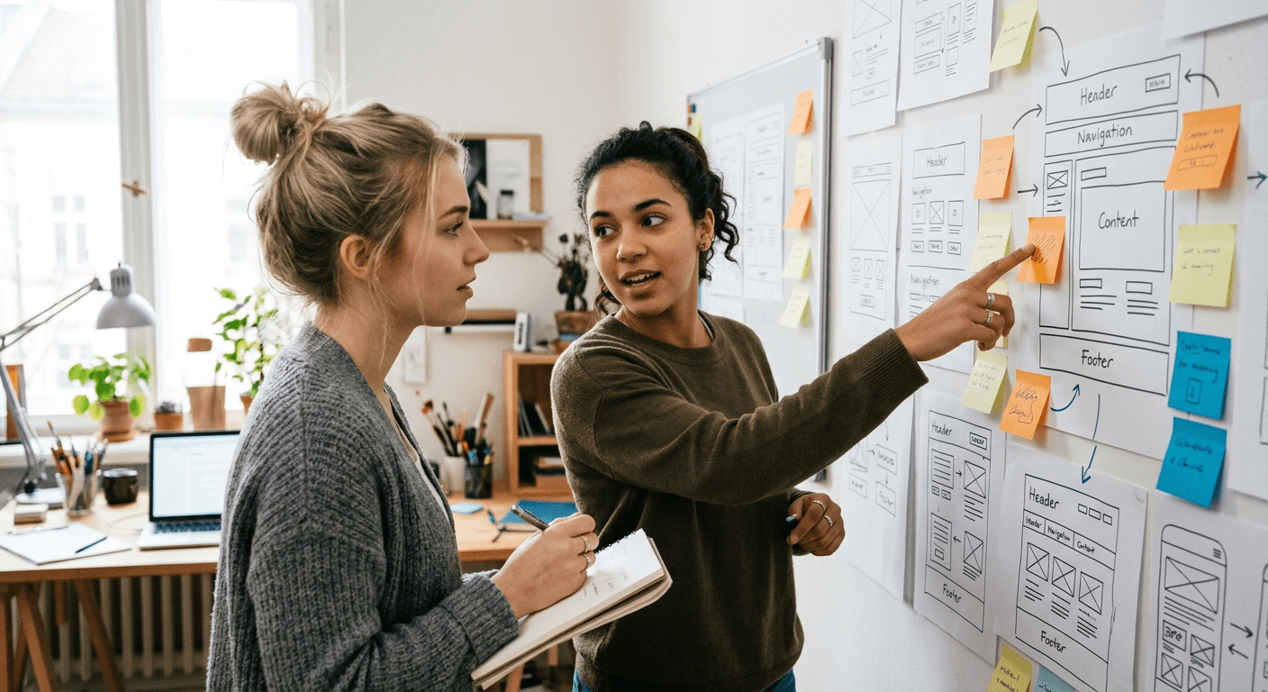 Two people sketching a website structure on notes pinned to a wall.