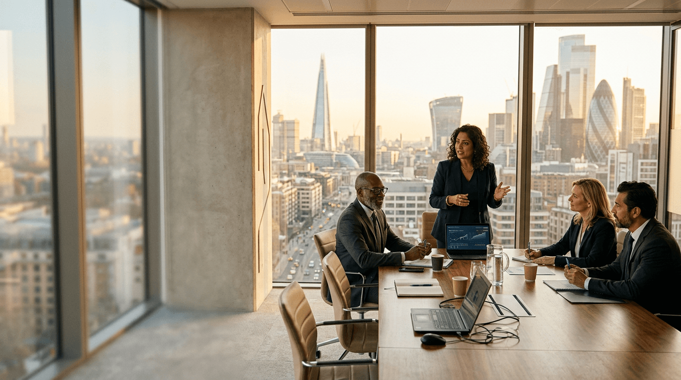 A leadership team meeting in a glass-walled boardroom.