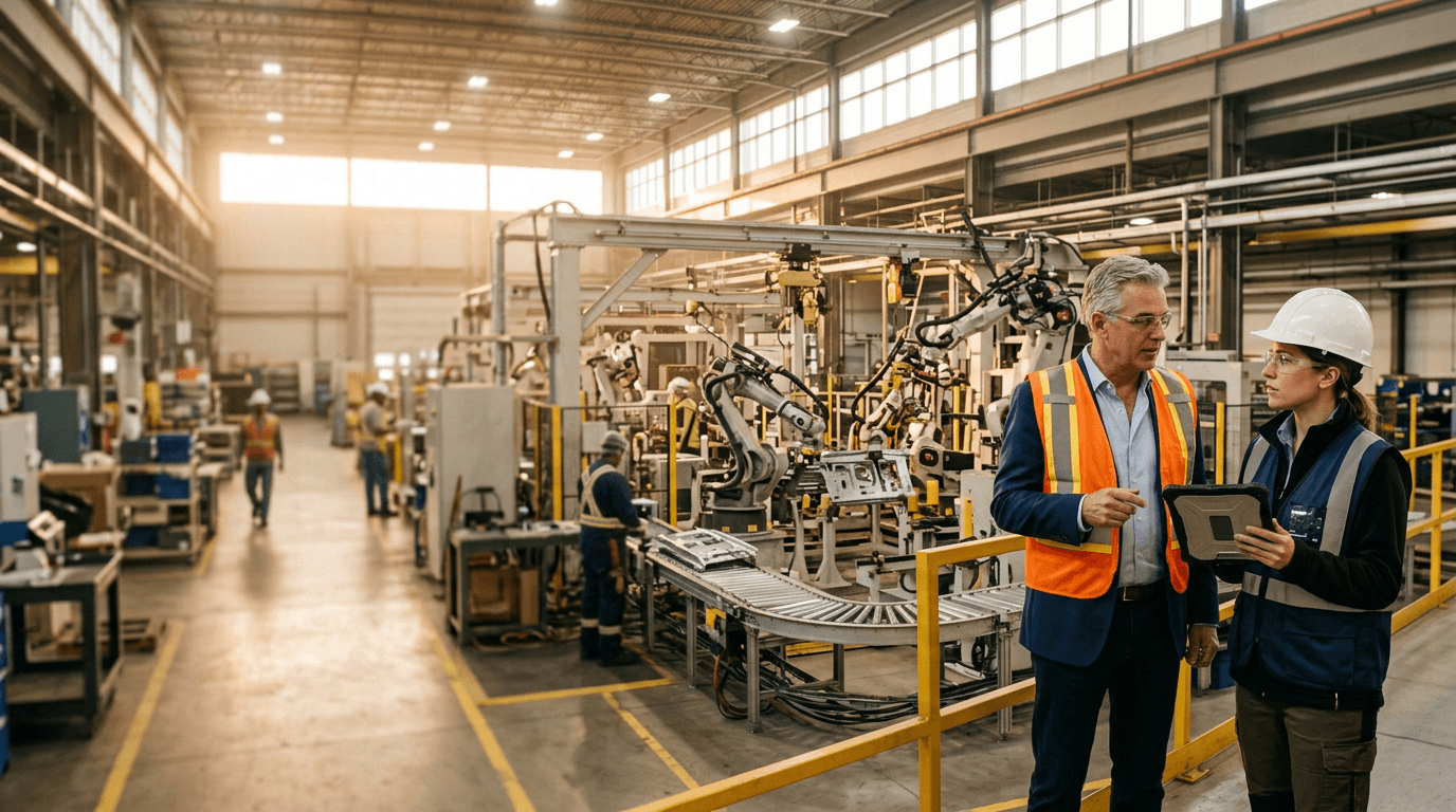 A plant director and an operations manager talking beside a production line.