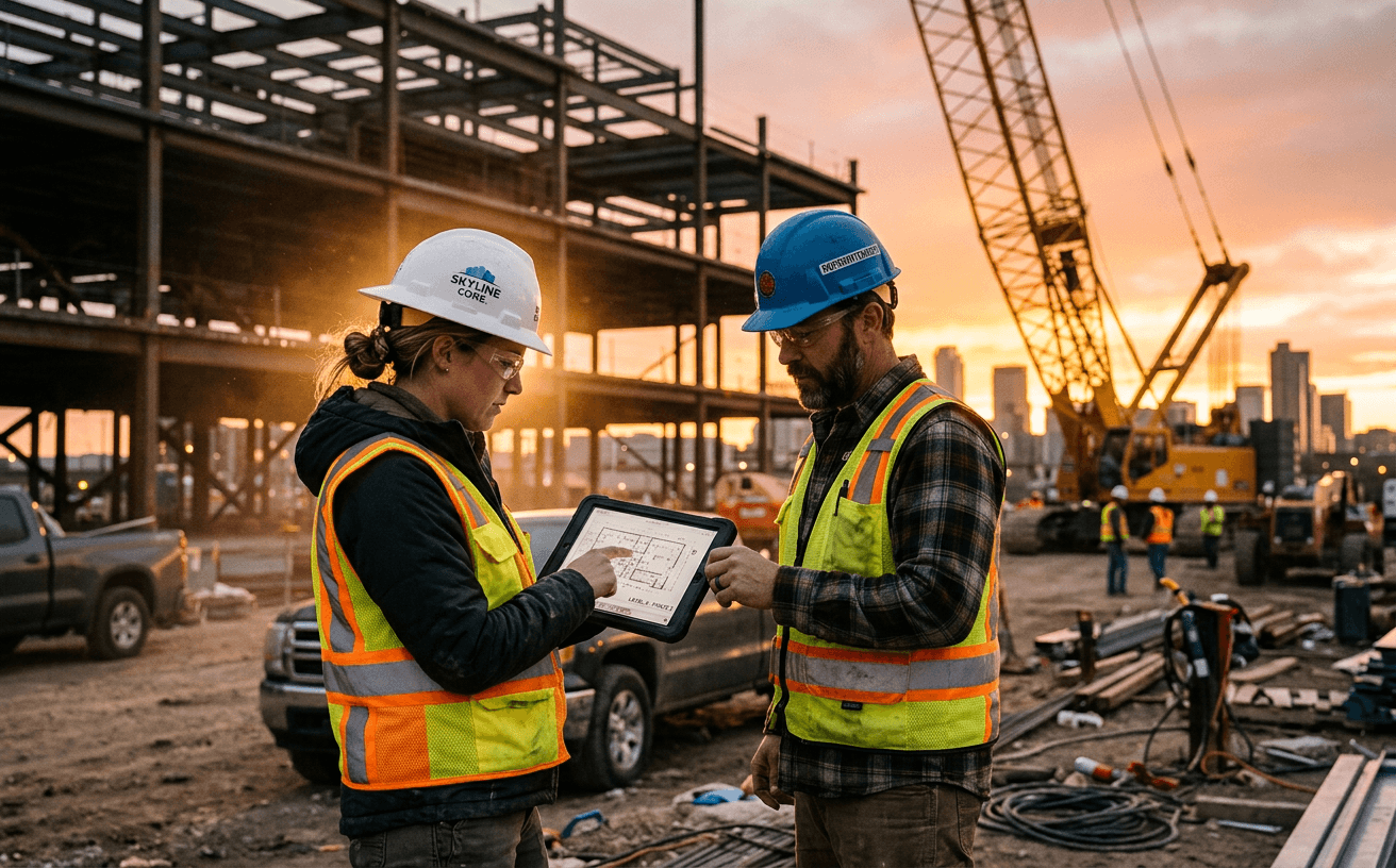 A project manager in a white hard hat reviews plans on a tablet at a large commercial construction site.