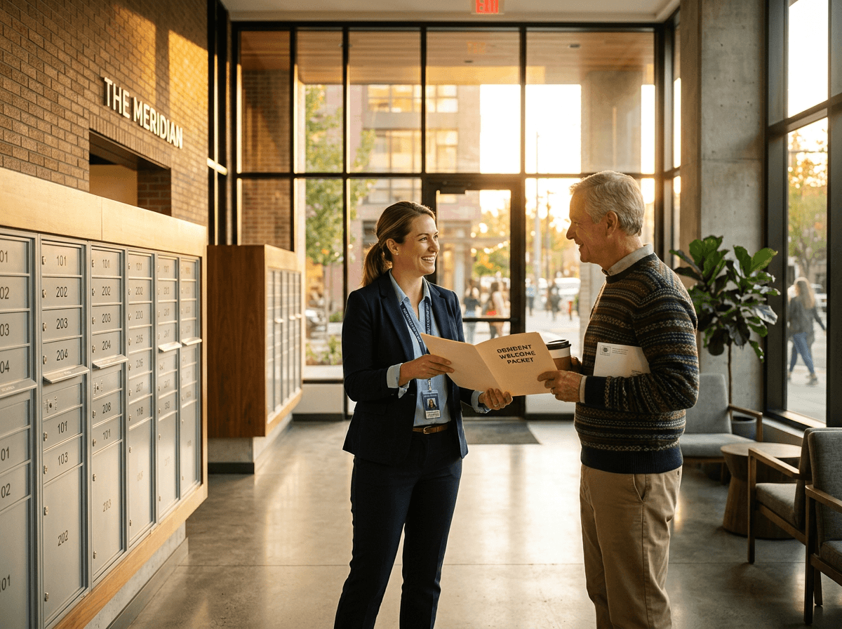 A property manager greets a resident in the bright lobby of a residential building.