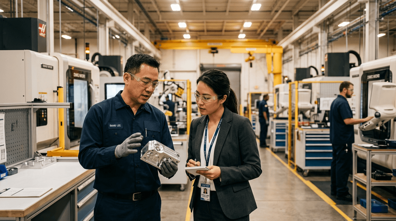 A production engineer and a buyer inspect a machined aluminum part in a modern plant.