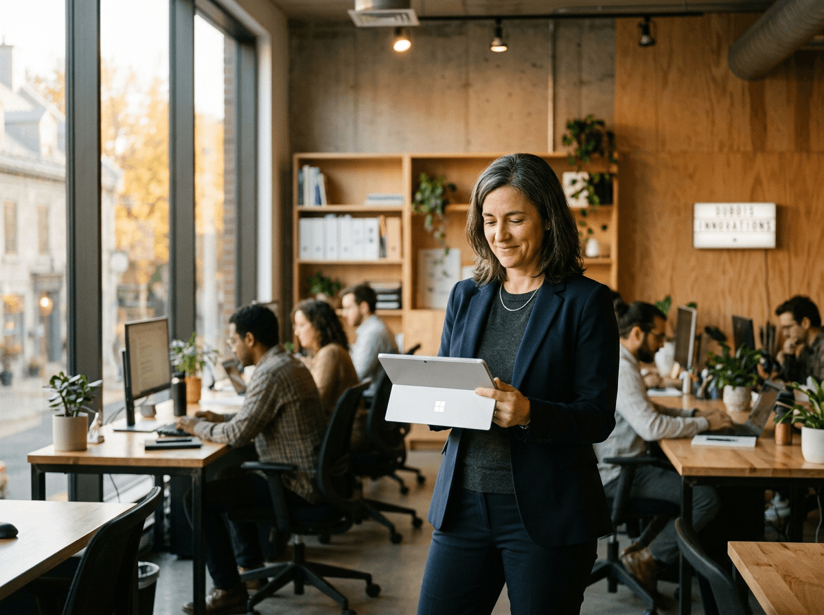 Une dirigeante consulte une tablette dans les bureaux de son entreprise, son équipe en arrière-plan.