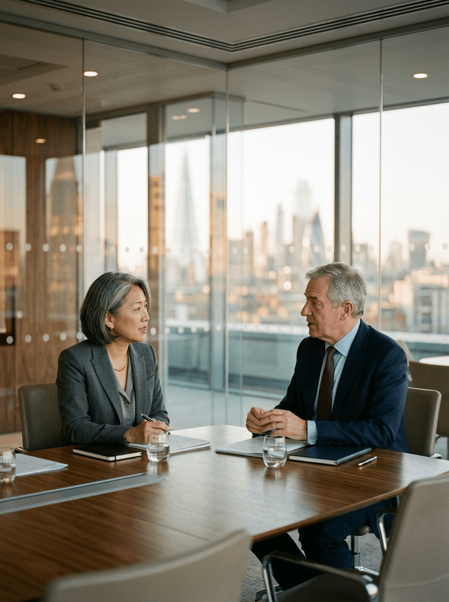 Two partners in conversation in a glass-walled meeting room.