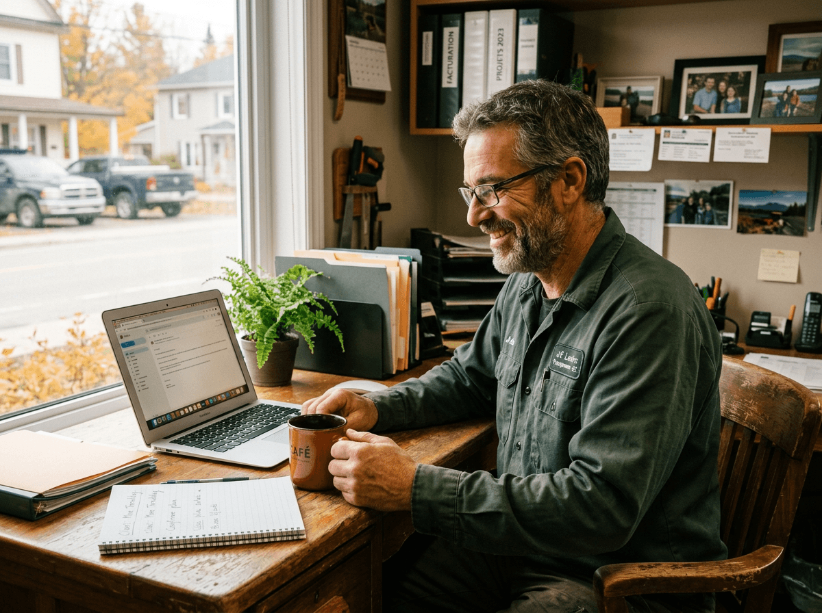 A landscaping business owner reading a client’s reply on his laptop.