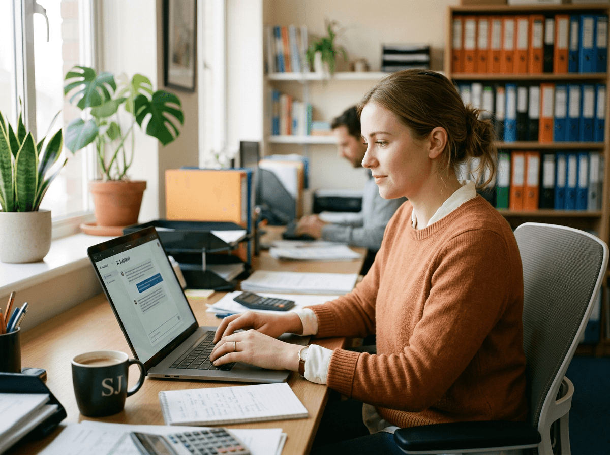 A professional asking an AI assistant a question on her laptop.