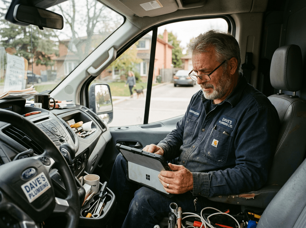 A plumbing contractor reviewing search results on a tablet in his van.