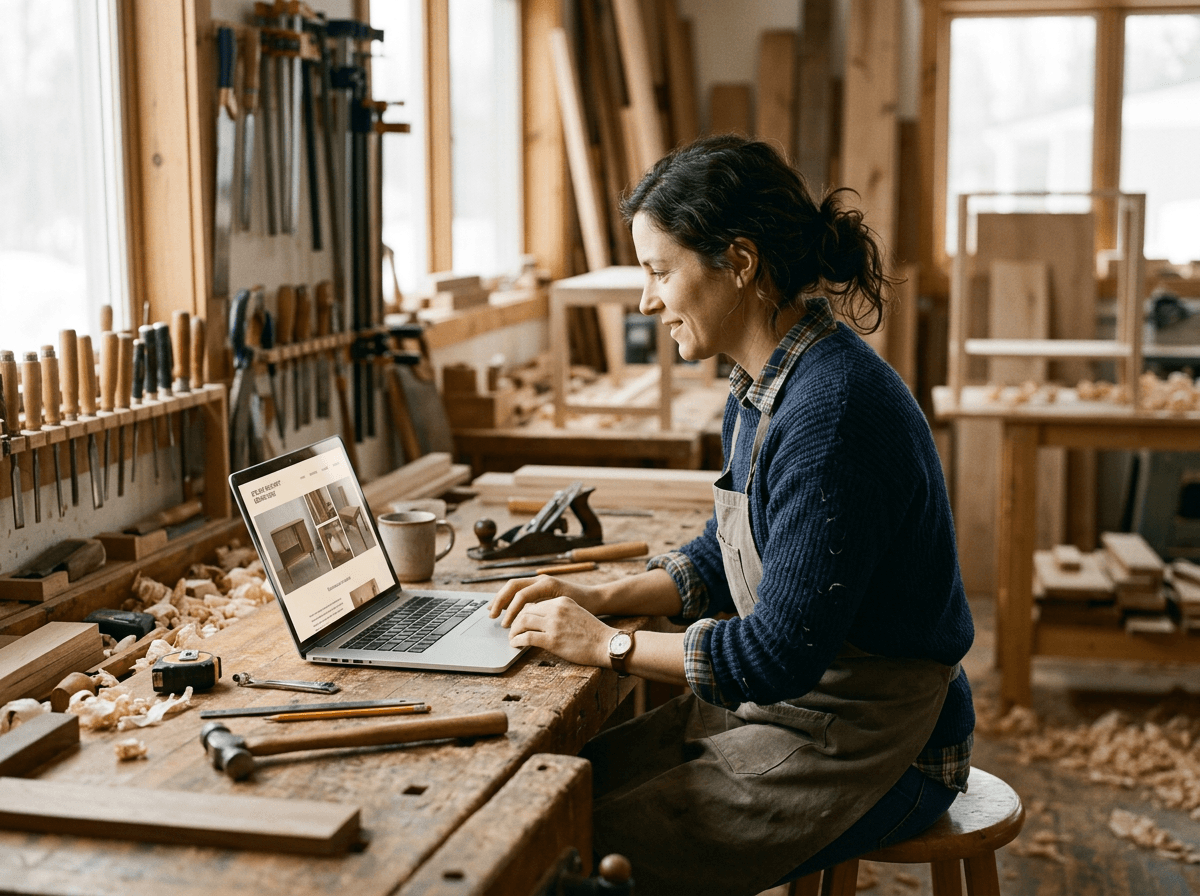 A woodworking shop owner reviewing her new website on a laptop.
